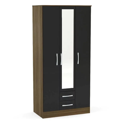 Lynx 3 Door 2 Drawer Mirrored Wardrobe - Walnut and Black