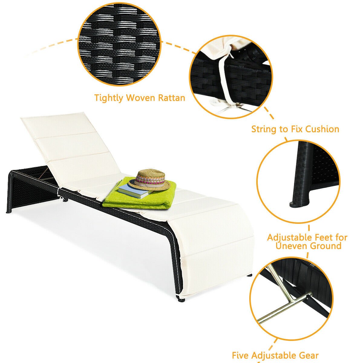 Rattan Sun Lounger with Cushion and Adjustable Feet