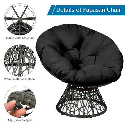 Rattan Papasan Chair with 360° Swivel and Soft Cushion-Black