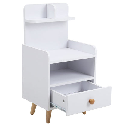 White Wooden Bedside Table with Wooden Legs and Drawers