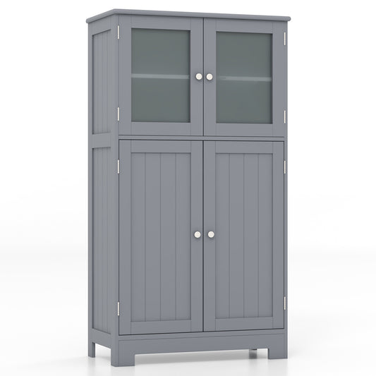 4-Door Bathroom Floor Cabinet with Glass Doors and Adjustable Shelf-Grey