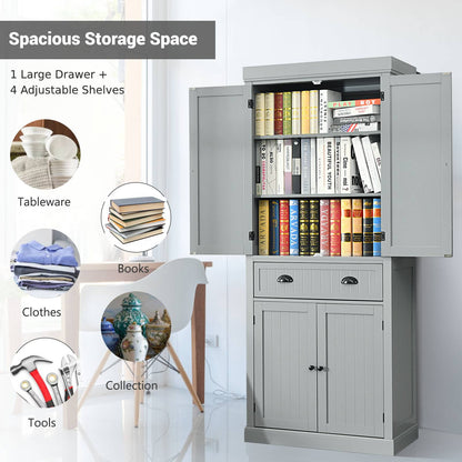 4-Door Tall Kitchen Cupboard Adjustable Shelves and Drawer-Grey