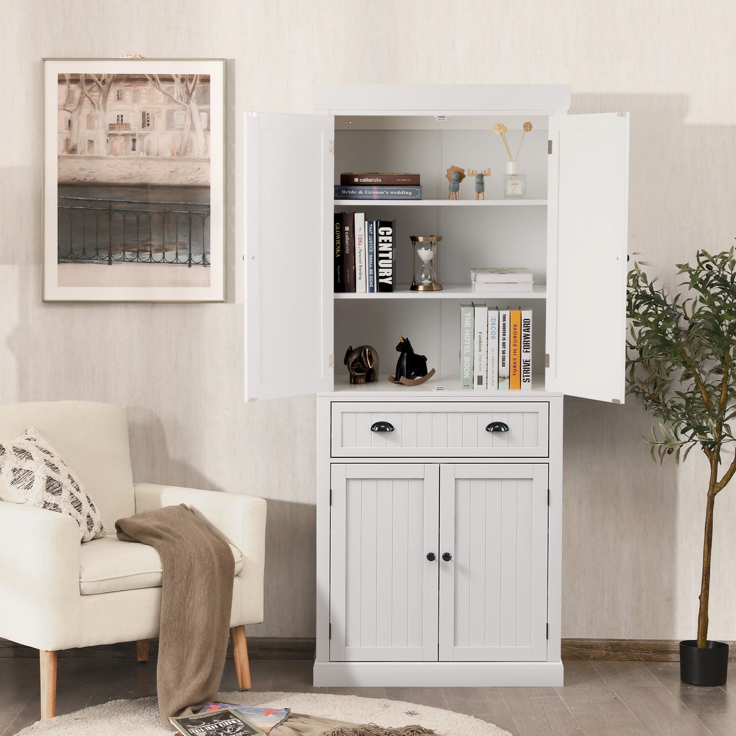 4-Door Tall Kitchen Cupboard Adjustable Shelves and Drawer-White