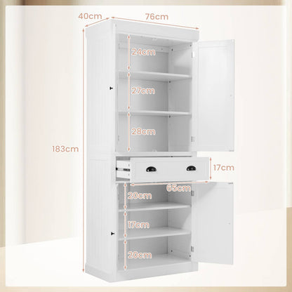 4-Door Tall Kitchen Cupboard Adjustable Shelves and Drawer-White