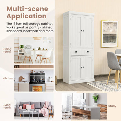 4-Door Tall Kitchen Cupboard Adjustable Shelves and Drawer-White