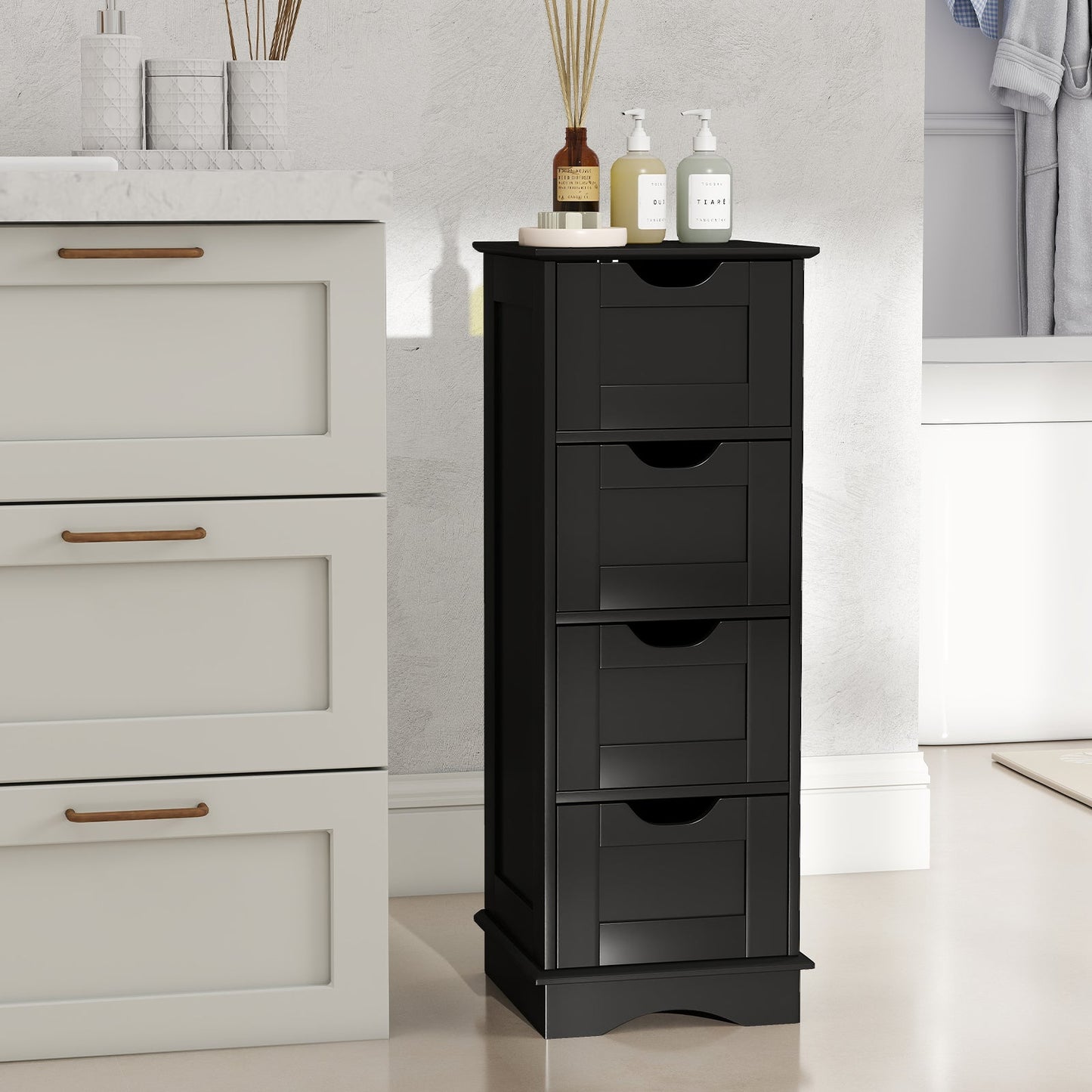 4-Drawer Bathroom Cabinet Narrow Floor Standing Cabinet-Black