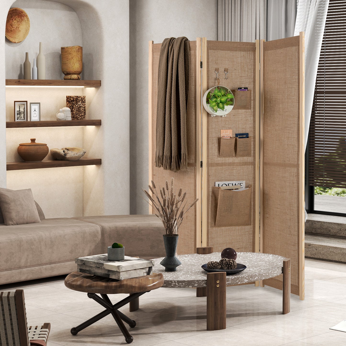 3 Panel Faux Linen Room Divider with Storage Bags-Natural