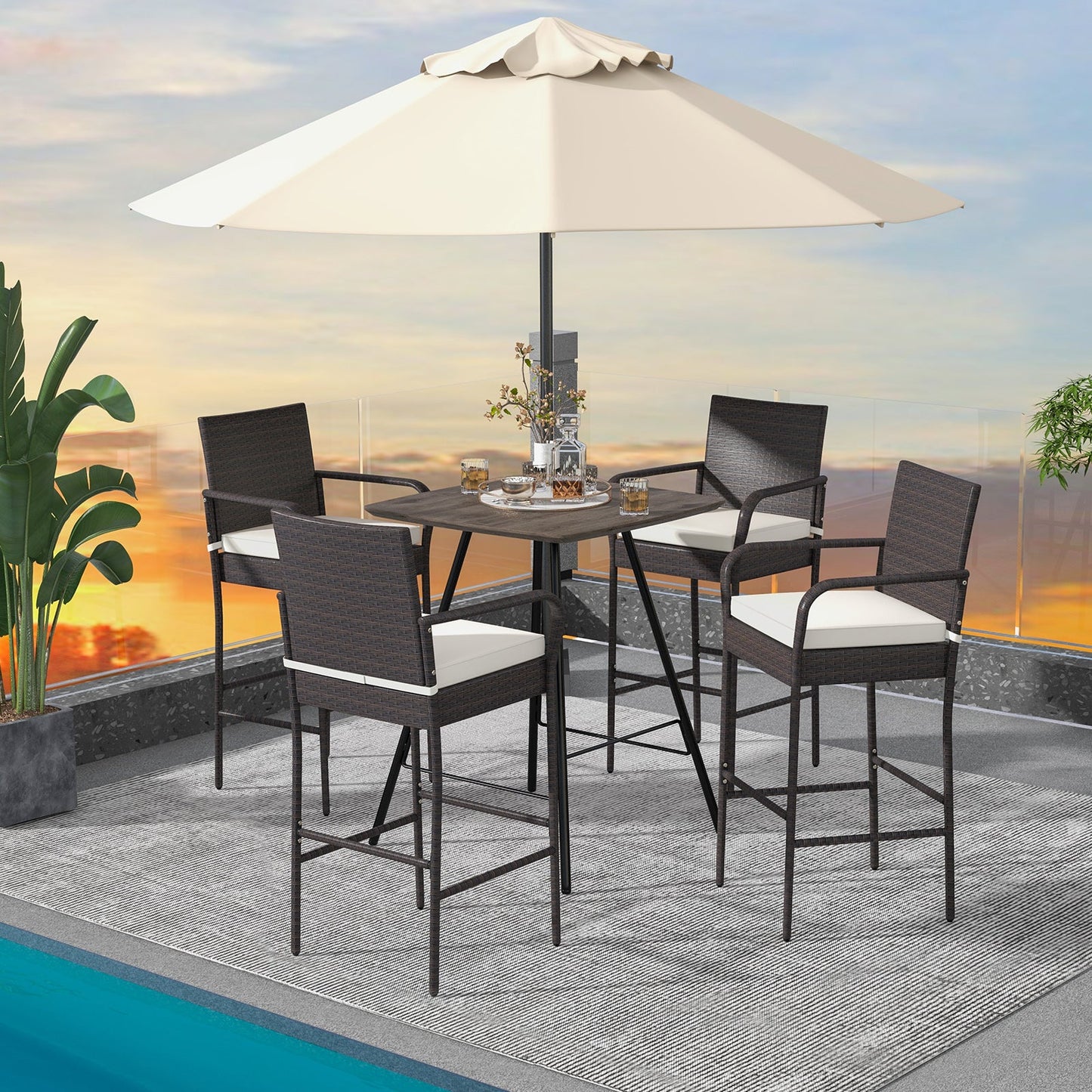 Set of 4 Patio Wicker Barstools PE Rattan with Armrests and Cushions-4 Pack