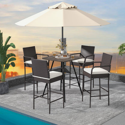 Set of 4 Patio Wicker Barstools PE Rattan with Armrests and Cushions-4 Pack