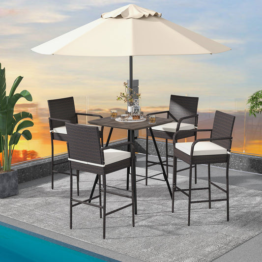 Set of 4 Patio Wicker Barstools PE Rattan with Armrests and Cushions-4 Pack
