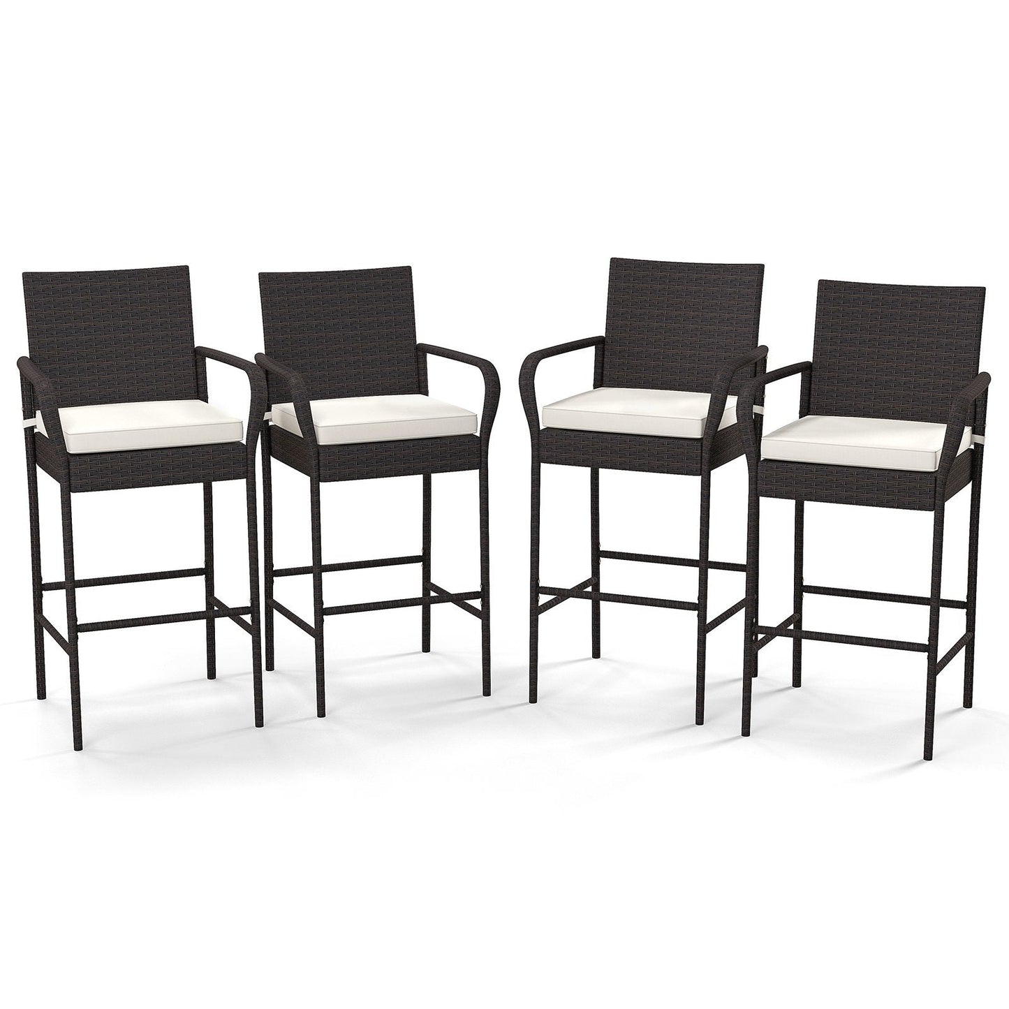 Set of 4 Patio Wicker Barstools PE Rattan with Armrests and Cushions-4 Pack