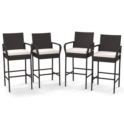 Set of 4 Patio Wicker Barstools PE Rattan with Armrests and Cushions-4 Pack