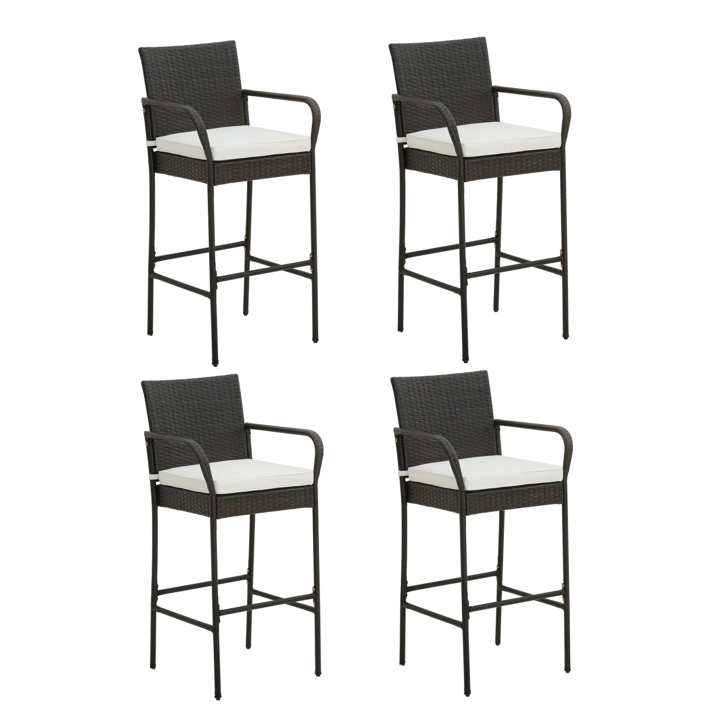 Set of 4 Patio Wicker Barstools PE Rattan with Armrests and Cushions-4 Pack