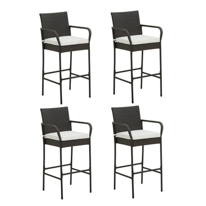 Set of 4 Patio Wicker Barstools PE Rattan with Armrests and Cushions-4 Pack