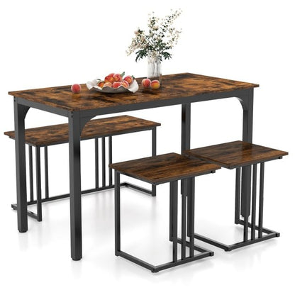 4 Piece Dining Table Set for 4 People, Kitchen Table with Bench and 2 Stools with Metal Frame Brown