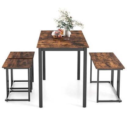 4 Piece Dining Table Set for 4 People, Kitchen Table with Bench and 2 Stools with Metal Frame Brown