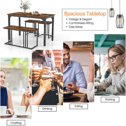 4 Piece Dining Table Set for 4 People, Kitchen Table with Bench and 2 Stools with Metal Frame Brown