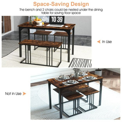 4 Piece Dining Table Set for 4 People, Kitchen Table with Bench and 2 Stools with Metal Frame Brown