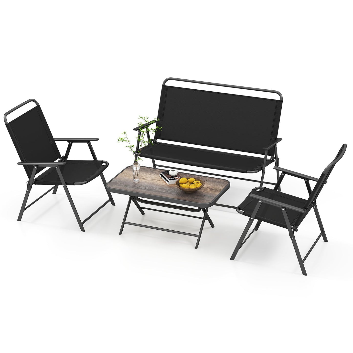 4 Piece Outdoor Conversation Set with 2 Chairs and Loveseat-Black