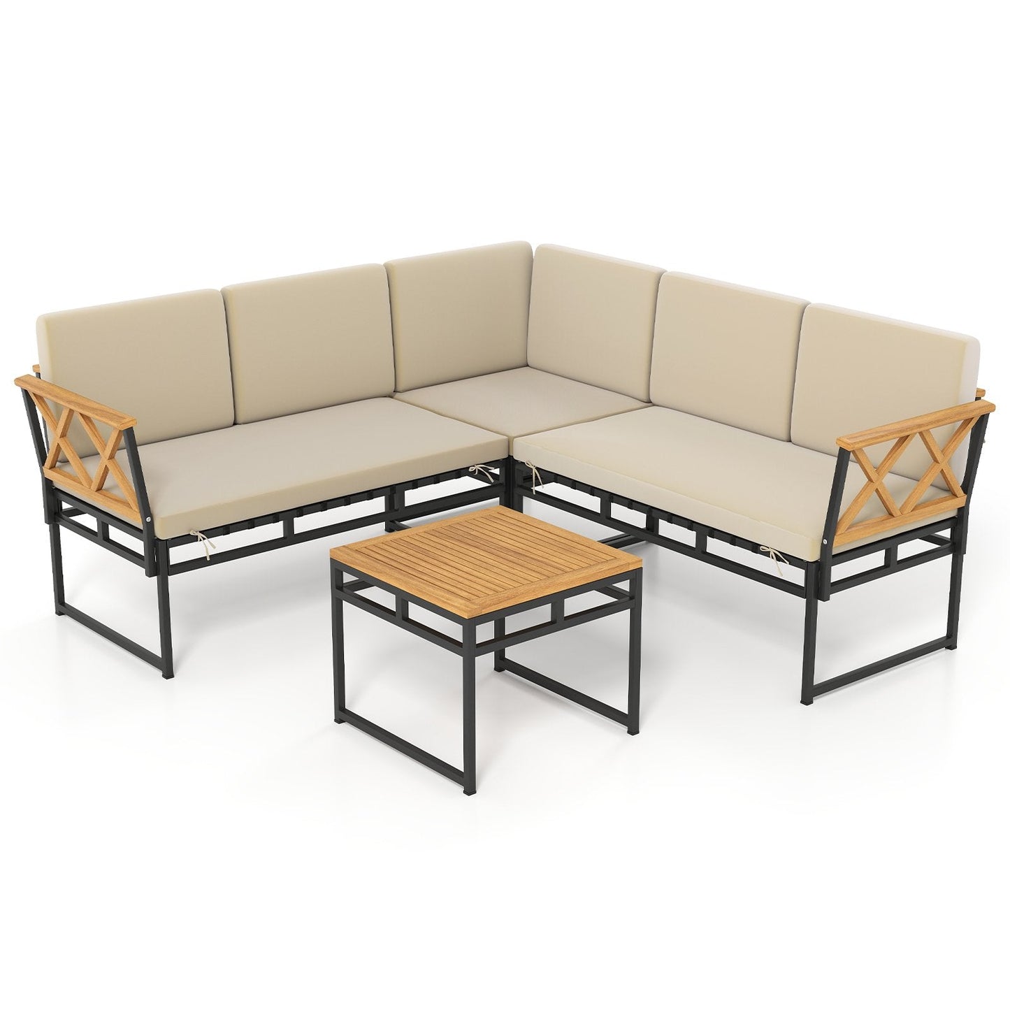 4 Piece Patio L-Shaped Sofa Set Acacia Wood Metal Sectional Sofa Set-Beige