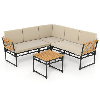 4 Piece Patio L-Shaped Sofa Set Acacia Wood Metal Sectional Sofa Set-Beige