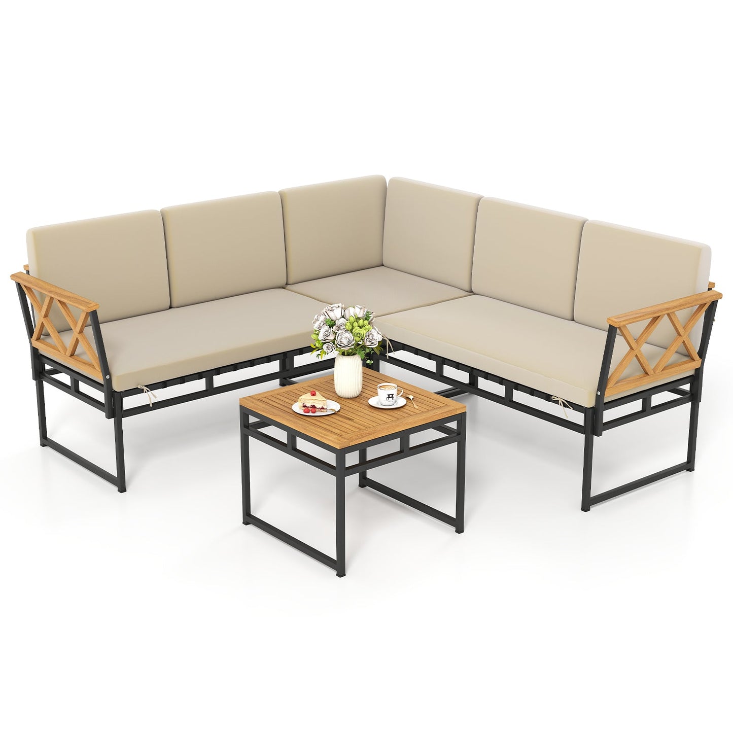 4 Piece Patio L-Shaped Sofa Set Acacia Wood Metal Sectional Sofa Set-Beige