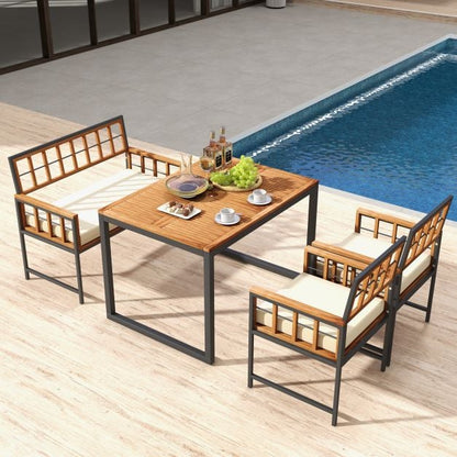 4 Pieces Acacia Wood Patio Dining Set with 1 Rectangular Table-Brown
