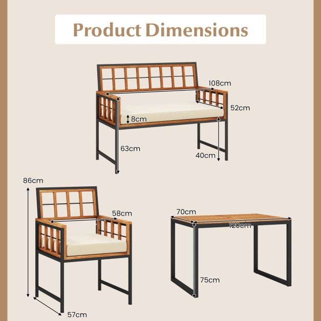 4 Pieces Acacia Wood Patio Dining Set with 1 Rectangular Table-Brown
