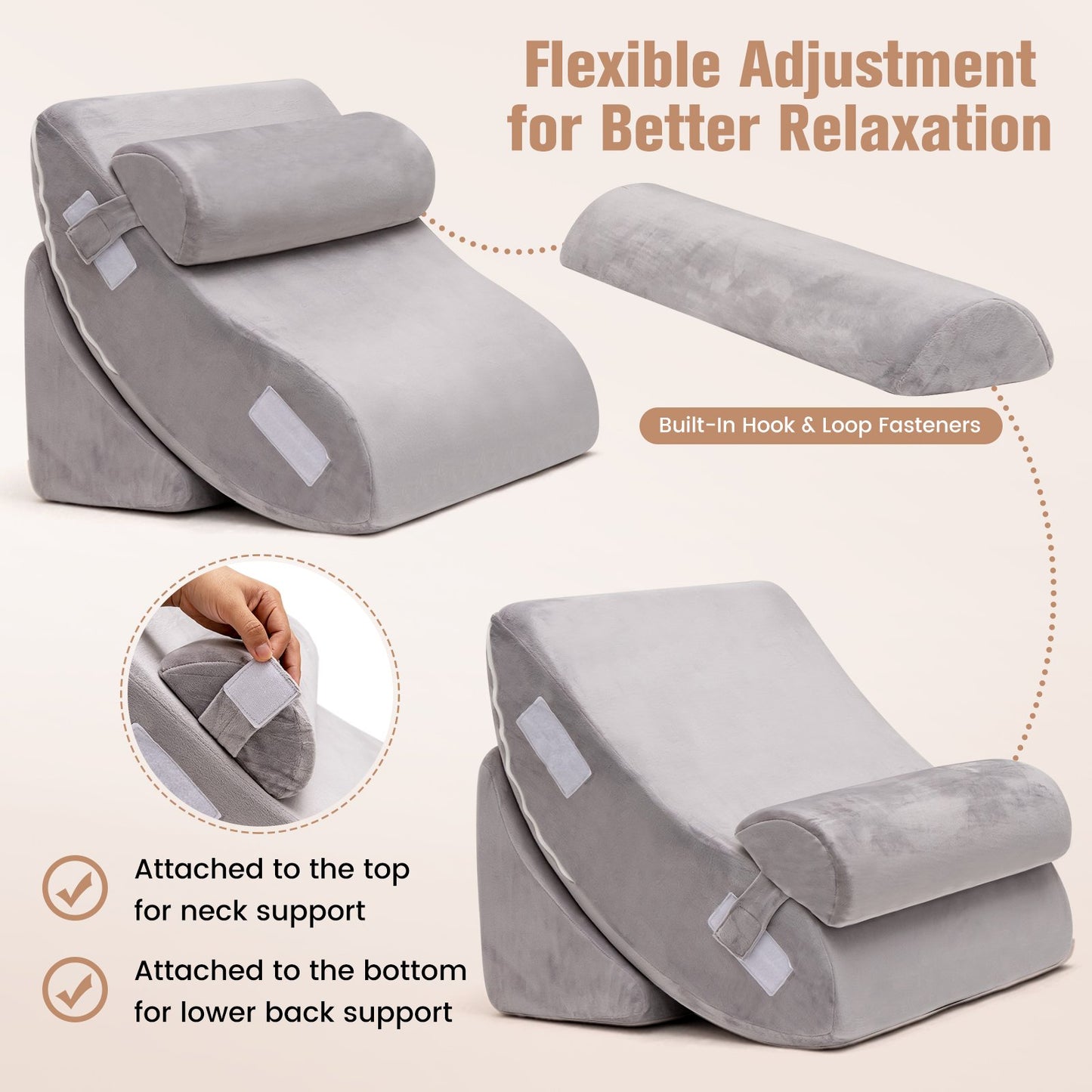 4 Pieces Memory Foam Bed Wedge Pillow Set with Machine Washable Cover-Grey