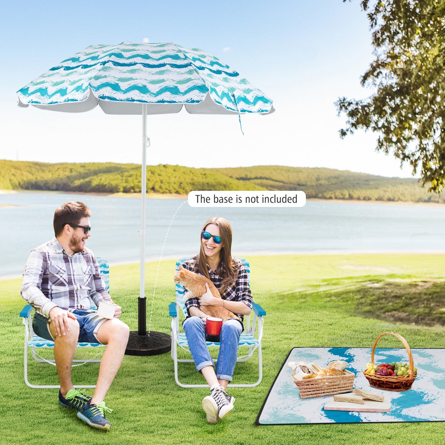 4 Pieces Beach Umbrella Set with 2 Foldable Chairs and Picnic Blanket-Blue