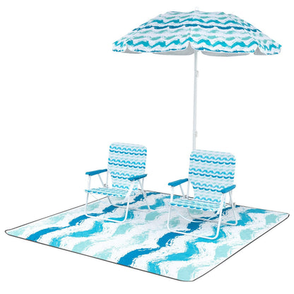 4 Pieces Beach Umbrella Set with 2 Foldable Chairs and Picnic Blanket-Blue