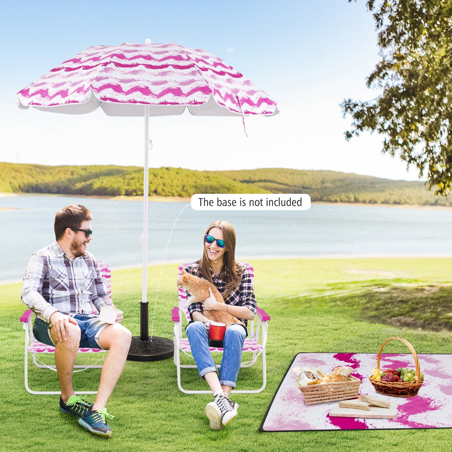 4 Pieces Beach Umbrella Set with 2 Foldable Chairs and Picnic Blanket-Pink