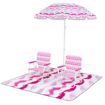 4 Pieces Beach Umbrella Set with 2 Foldable Chairs and Picnic Blanket-Pink