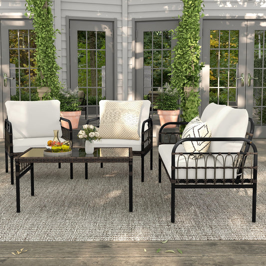 4 Pieces Patio Furniture Set with Soft Cushions-White