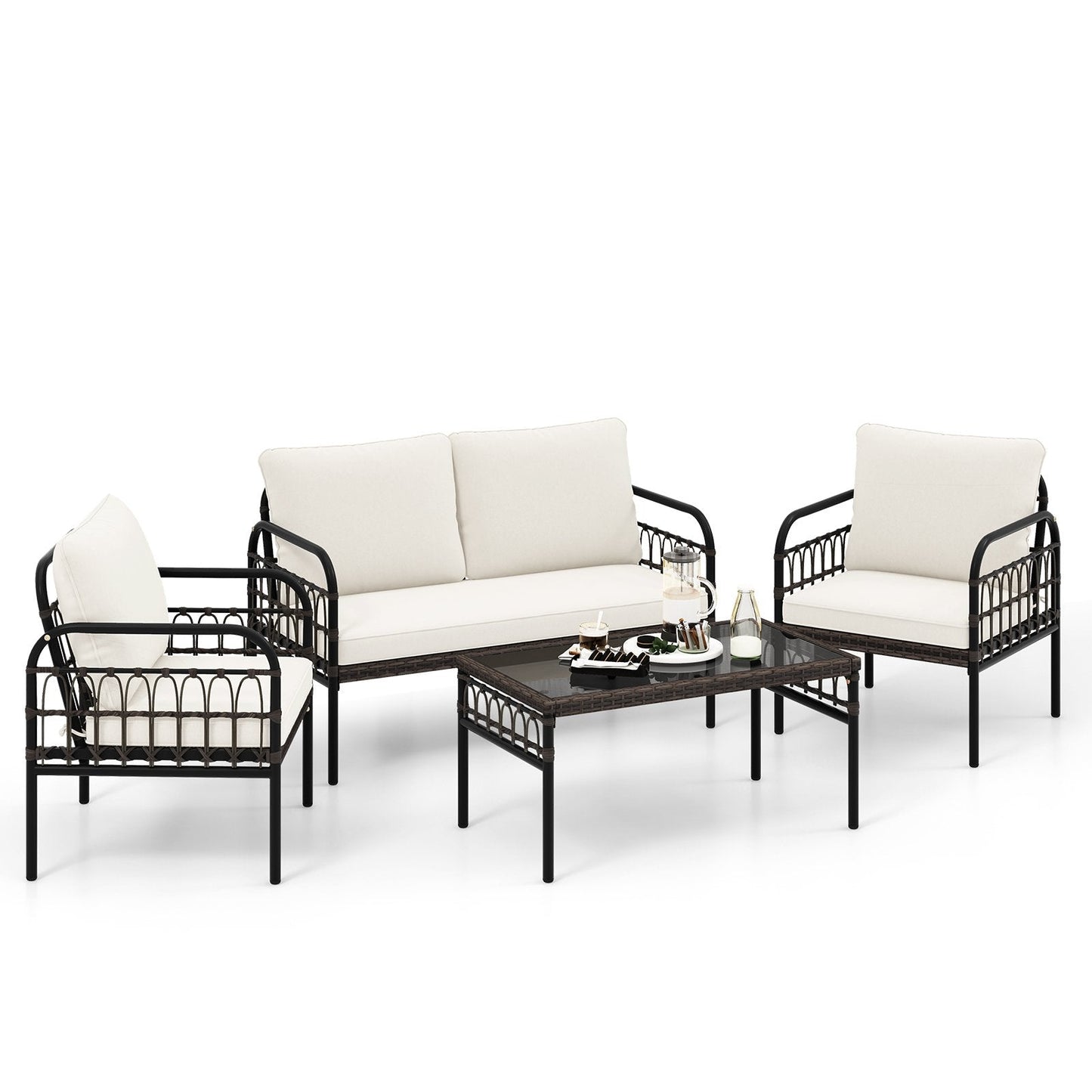 4 Pieces Patio Furniture Set with Soft Cushions-White