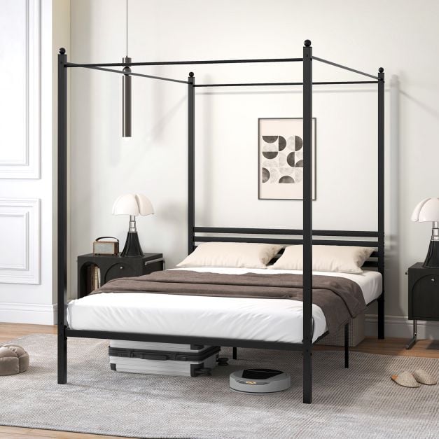 4-Poster Metal Platform Bed with Headboard and Under-Bed Storage