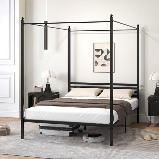 4-Poster Metal Platform Bed with Headboard and Under-Bed Storage