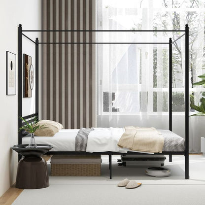 4-Poster Metal Platform Bed with Headboard and Under-Bed Storage