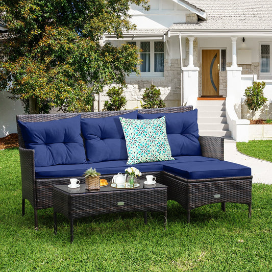 4 Seater Rattan Garden Furniture Set with Cushioned Sofa-Navy