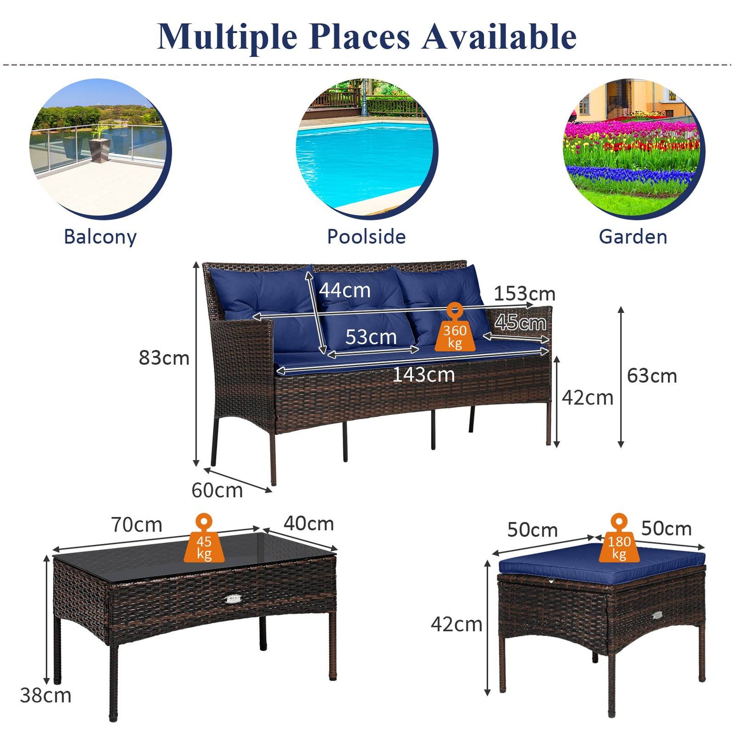 4 Seater Rattan Garden Furniture Set with Cushioned Sofa-Navy