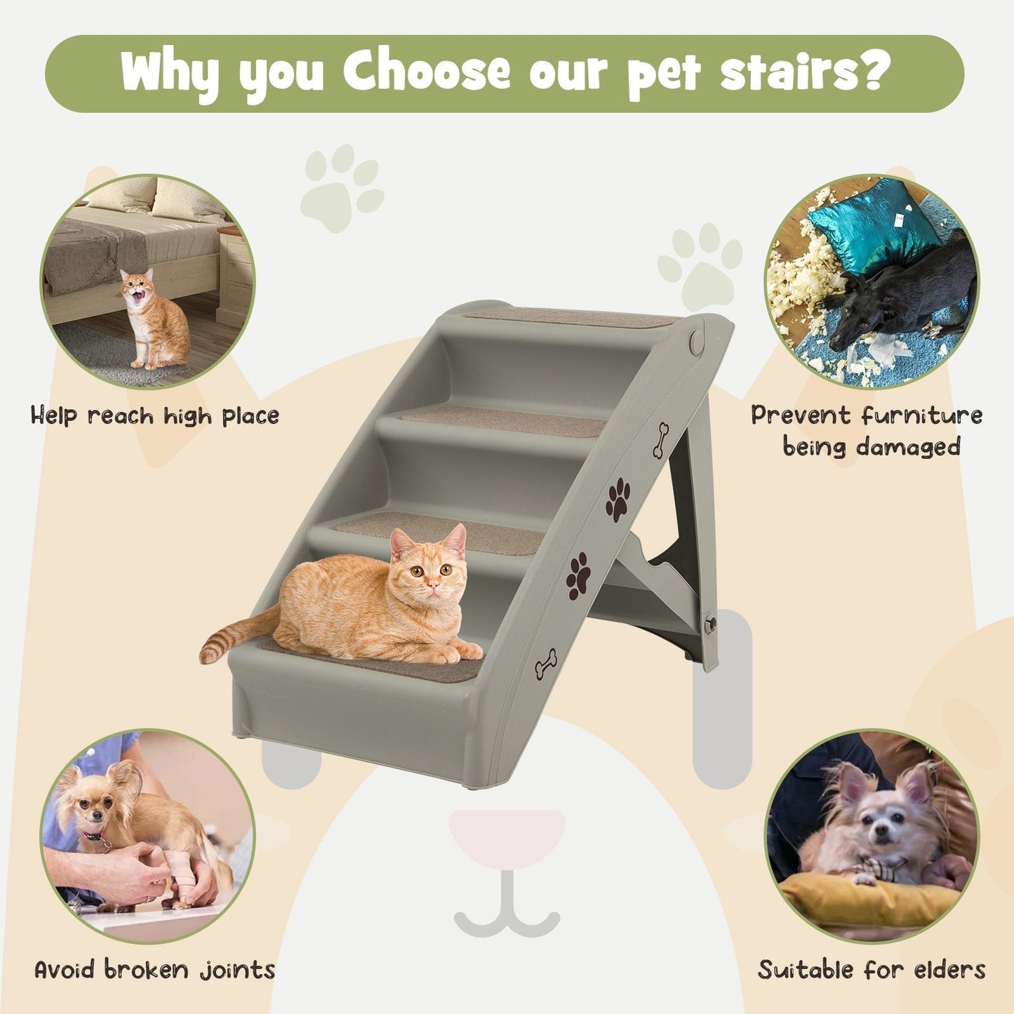 4-Step Pet Stairs with Non-slip Foot Pads-Grey