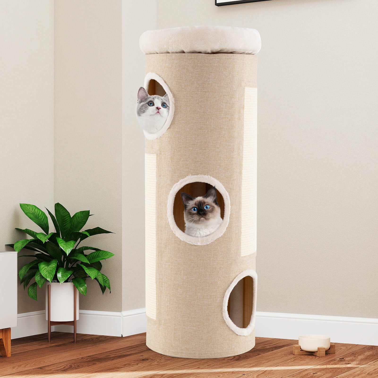 4-Story Cat House for Multiple Cats Elevated Cat Cave Bed-Beige