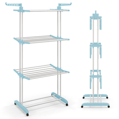 4-Tier Foldable Airer Clothes Drying Rack with Wings and Casters-Blue