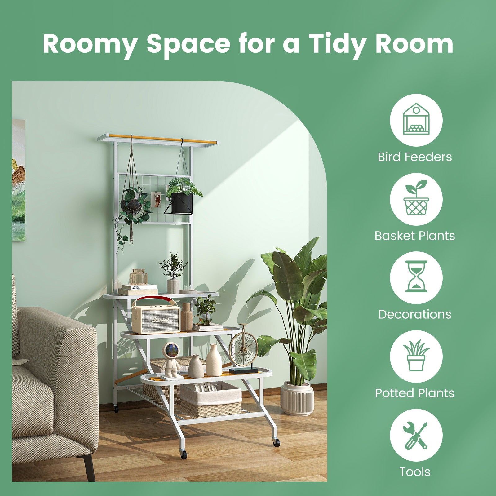 4-Tier Hanging Plant Stand with Hanging Bar and Trellis