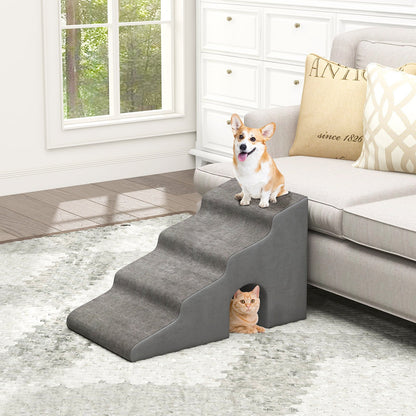 4-Tier High Density Foam Dog Ramps for High Beds and Couches-Grey