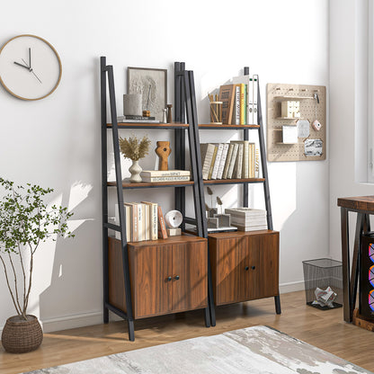 4-Tier Ladder Shelf with Cabinet Industrial Bookcase with Metal Frame-Rustic Brown
