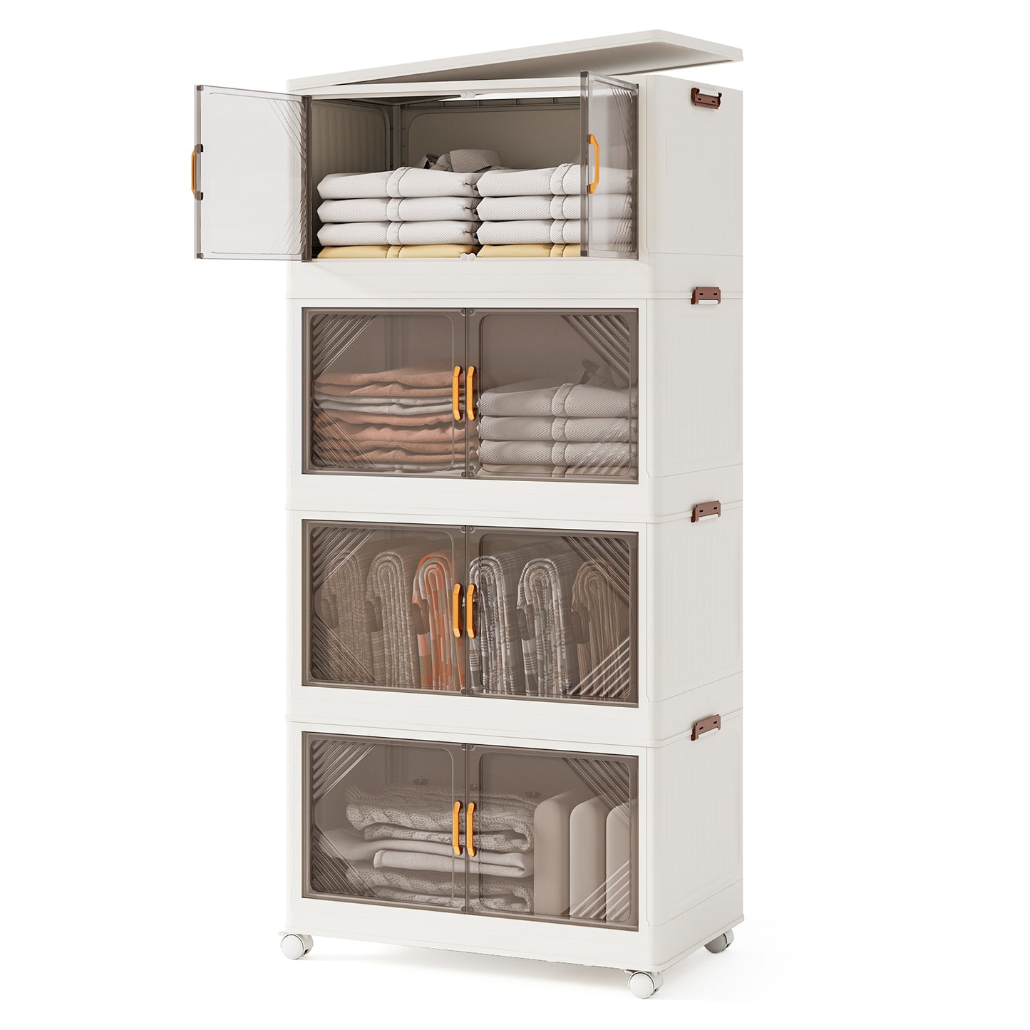 Stackable Storage Containers with Wheels and Doors for Bedroom-White-4-Tier