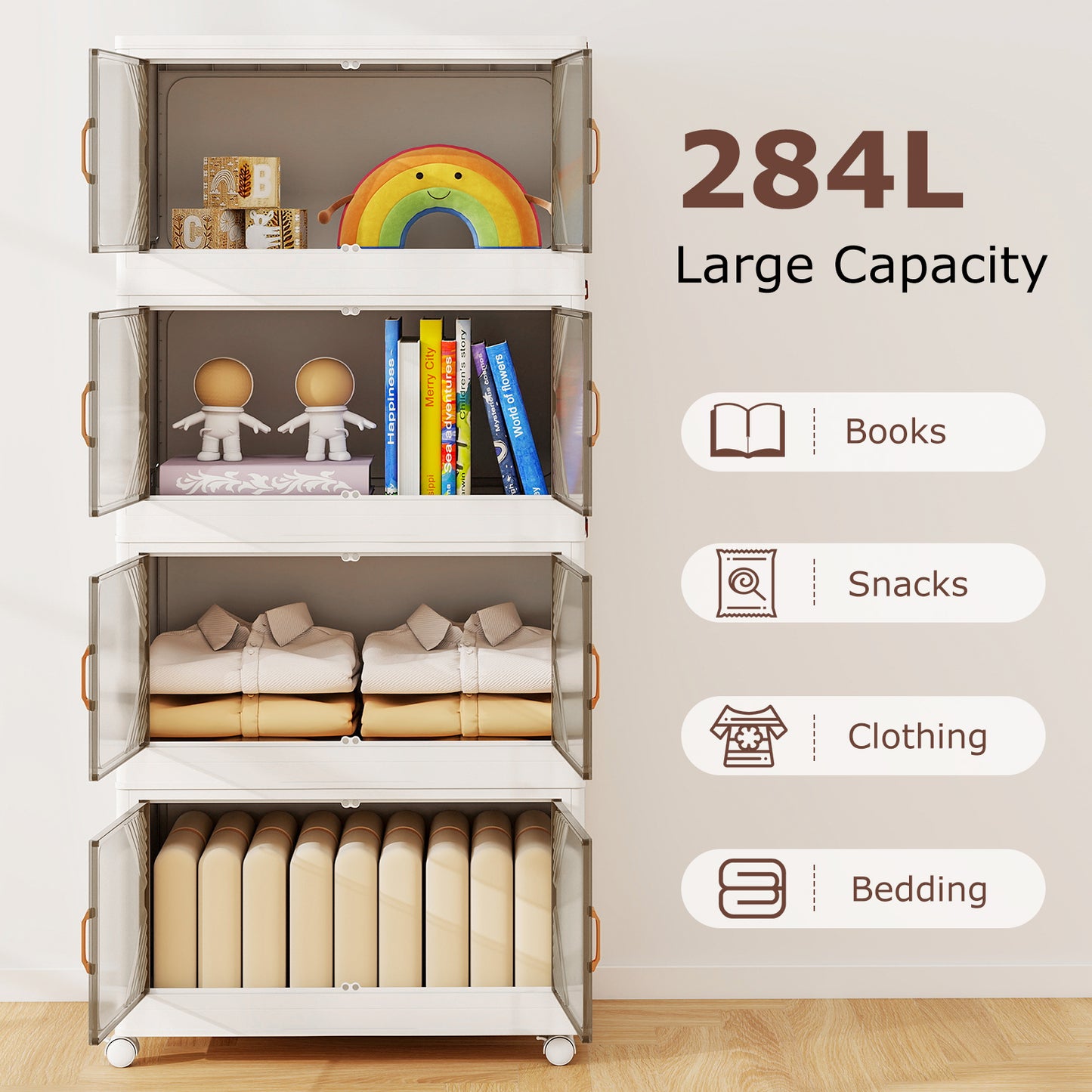 Stackable Storage Containers with Wheels and Doors for Bedroom-White-4-Tier