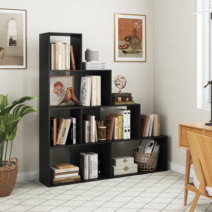 4-Tier Stepped Bookshelf Modern Ladder Bookcase with 6 Storage Cubes-Black
