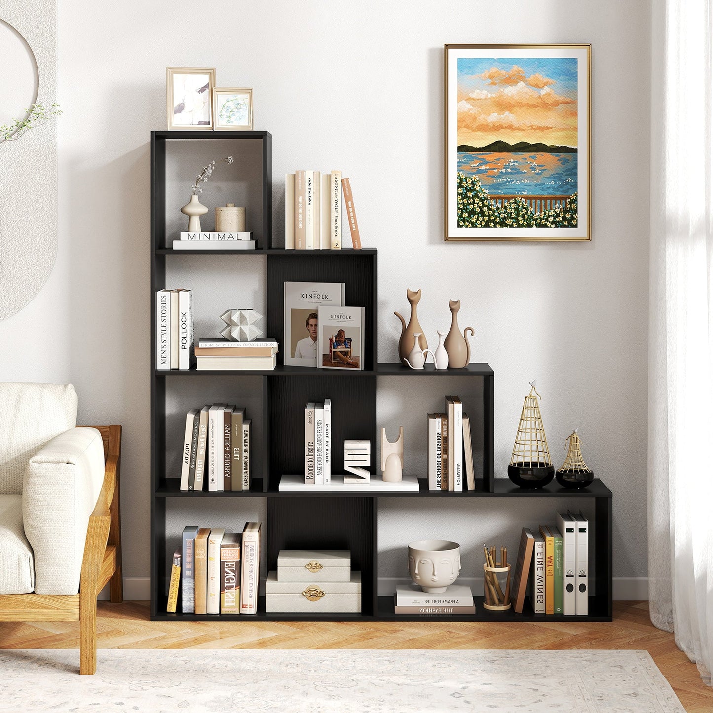 4-Tier Stepped Bookshelf Modern Ladder Bookcase with 6 Storage Cubes-Black